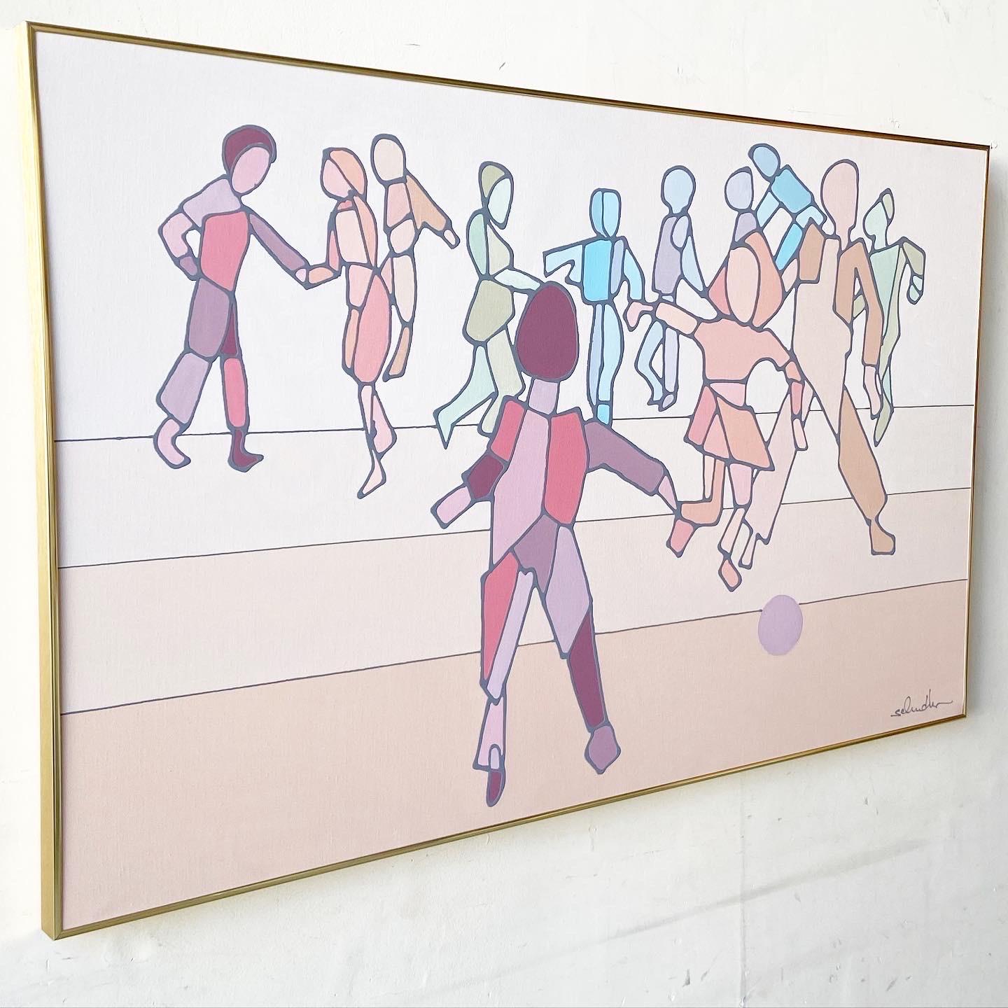 Incredible original signed painting in golden frame. Subject is a group of people dancing and playing.
 