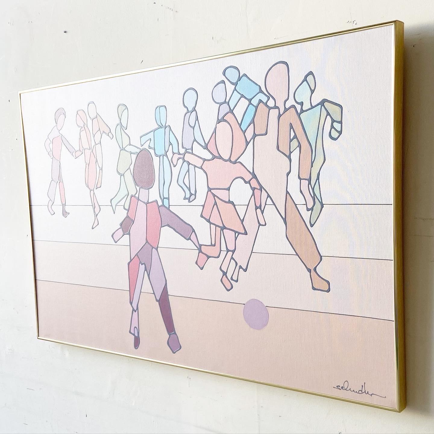 Mid-Century Modern 1980s Signed Multi Color Painting of Playing and Dancing For Sale