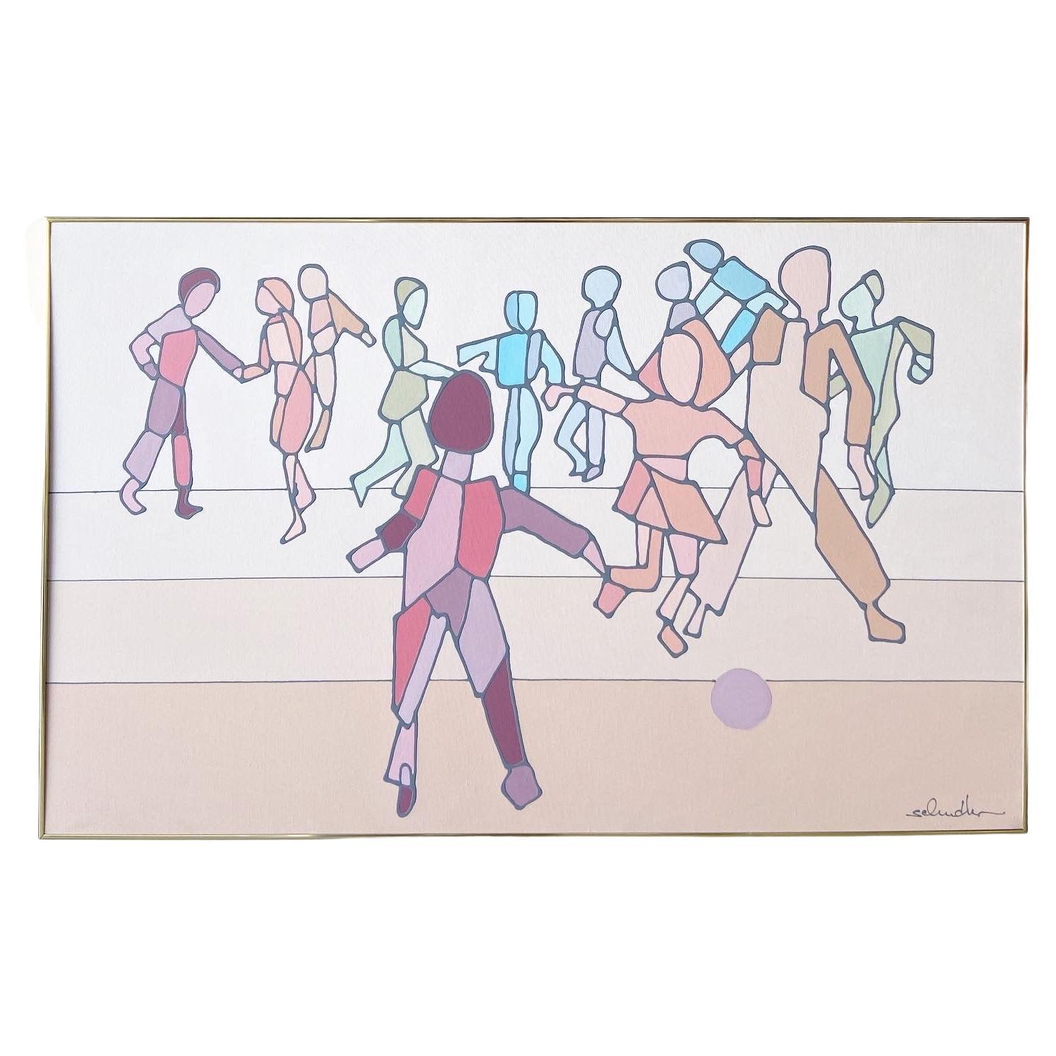 Peinture multicolore signée des années 1980 représentant le jeu et la danse