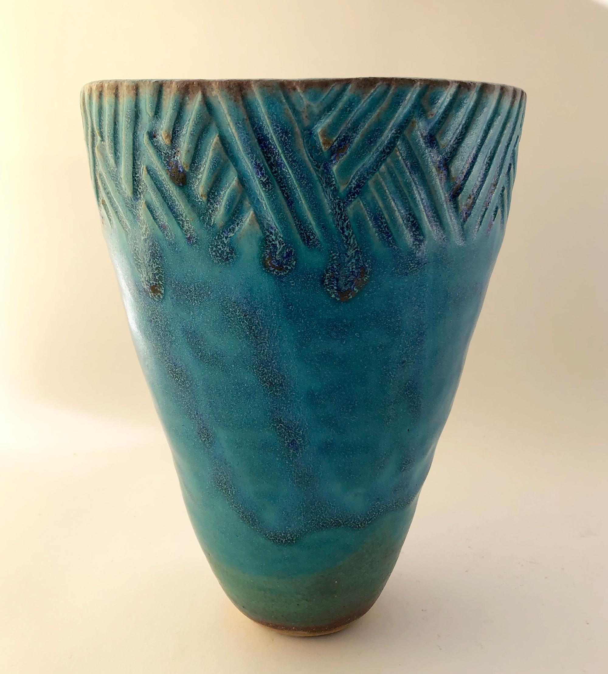 Mid-Century Modern 1980s Signed Studio Ceramic Glazed Vessel Vase