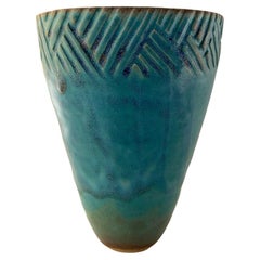 1980s Signed Studio Ceramic Glazed Vessel Vase