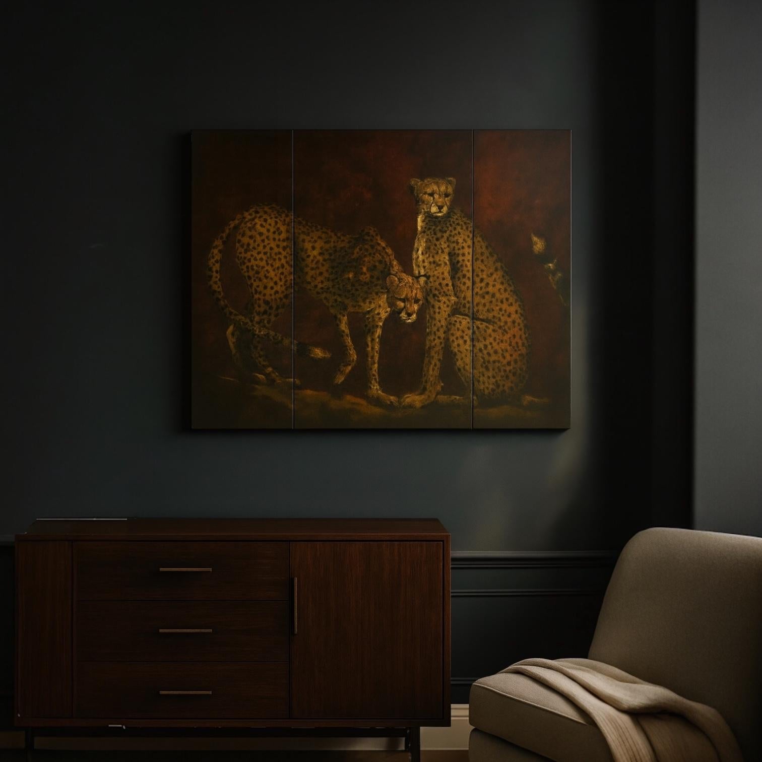This is a signed triptych depicting two cheetahs. It is wood and does fold. It is signed. It is in very good condition and dates to the 1980s. 