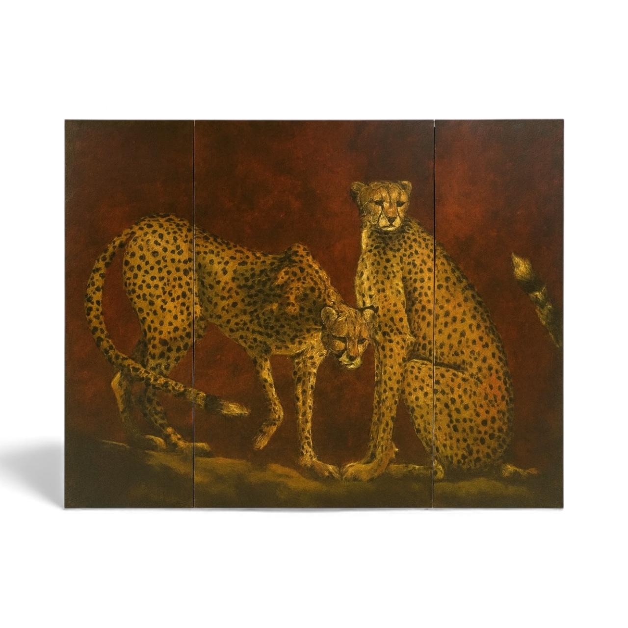 1980s Signed Triptych British Colonial Style Cheetahs On Board Wall Art (Britisch Kolonial) im Angebot