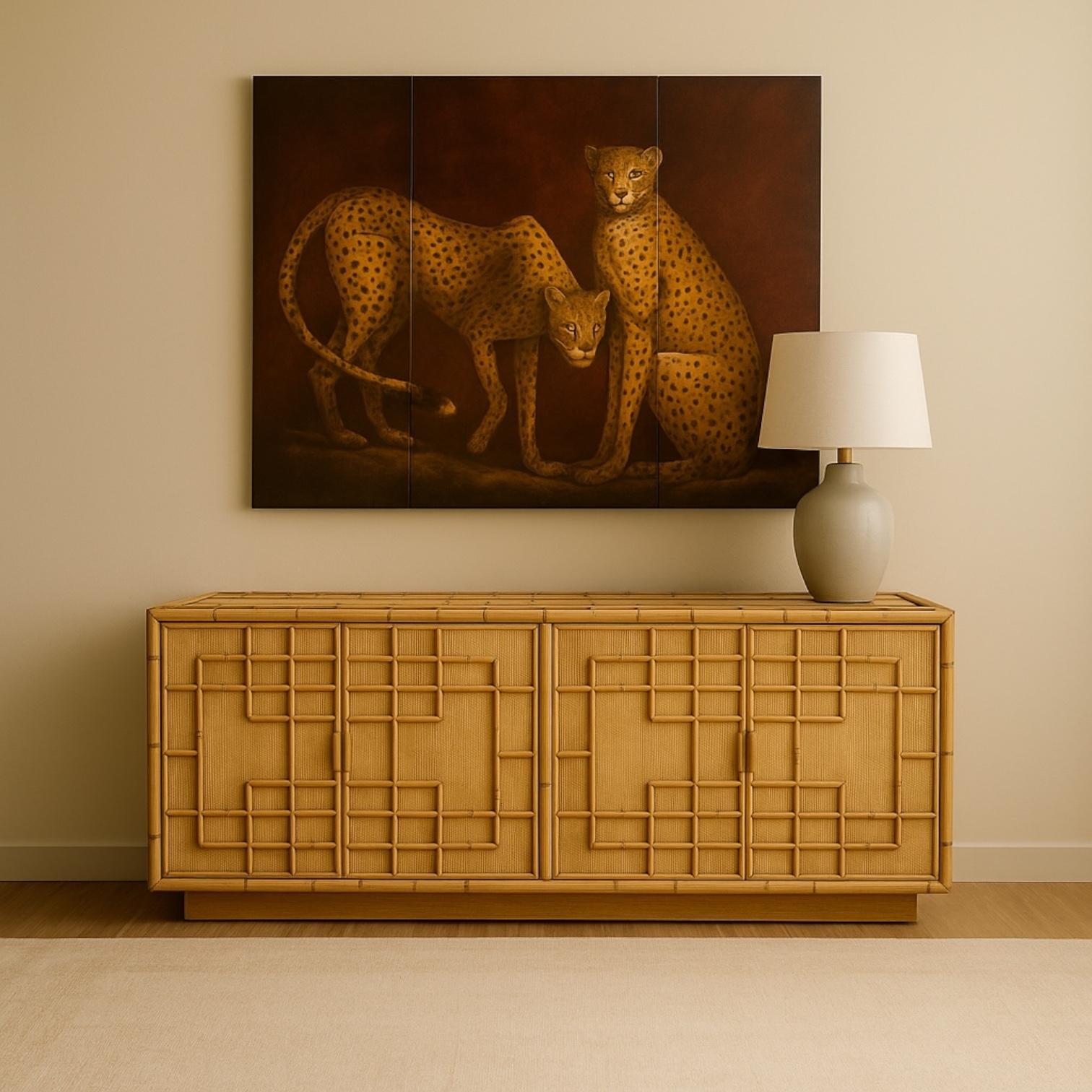 1980s Signed Triptych British Colonial Style Cheetahs On Board Wall Art (20. Jahrhundert) im Angebot