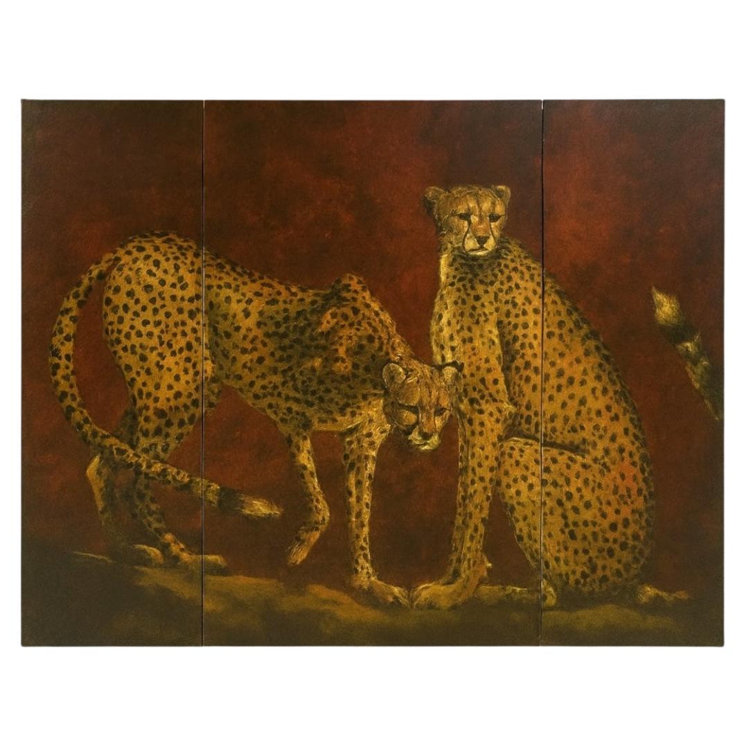 1980s Signed Triptych British Colonial Style Cheetahs On Board Wall Art