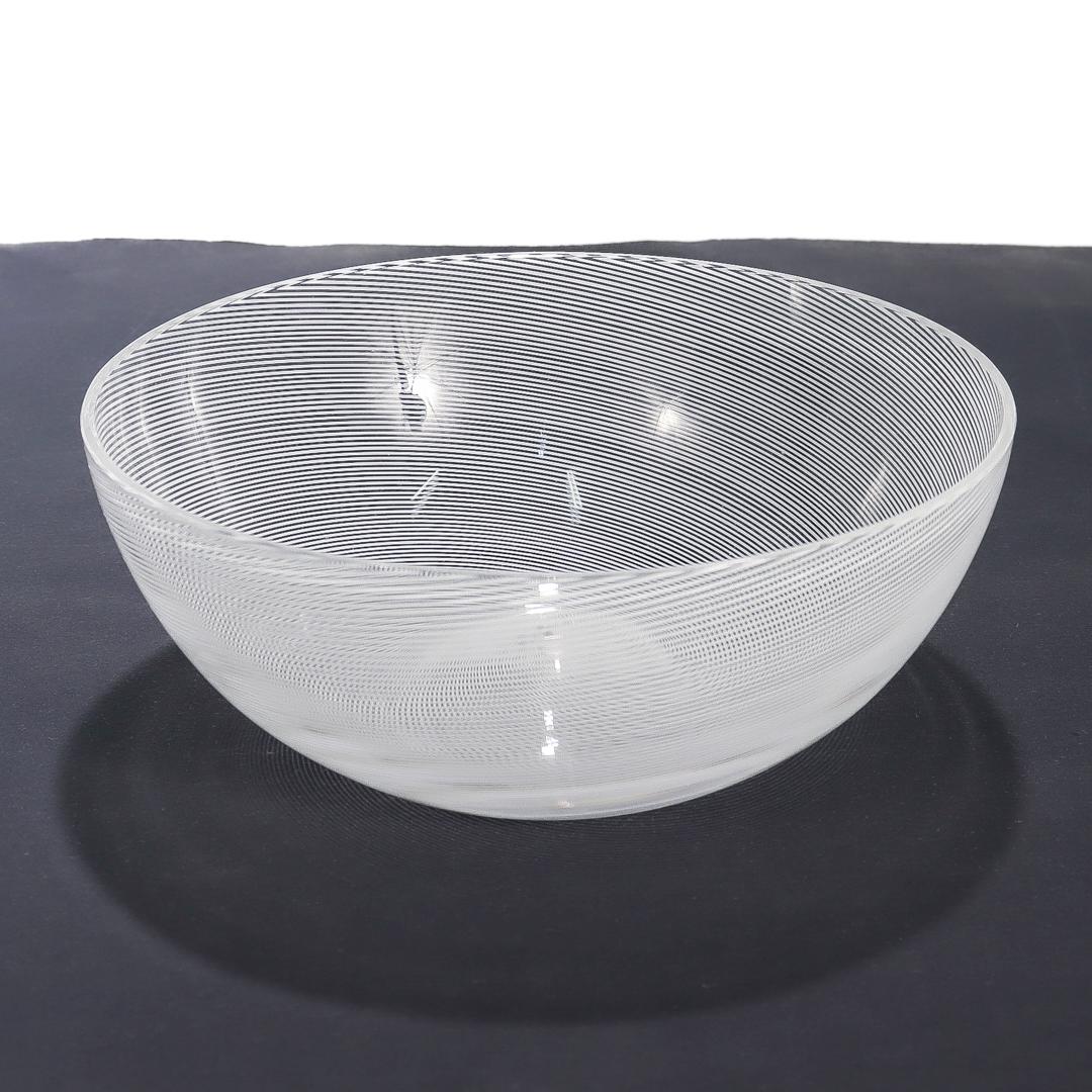 Mid-Century Modern 1980's Signed Venini White Mezza Filigrana Murano Glass Bowl For Sale