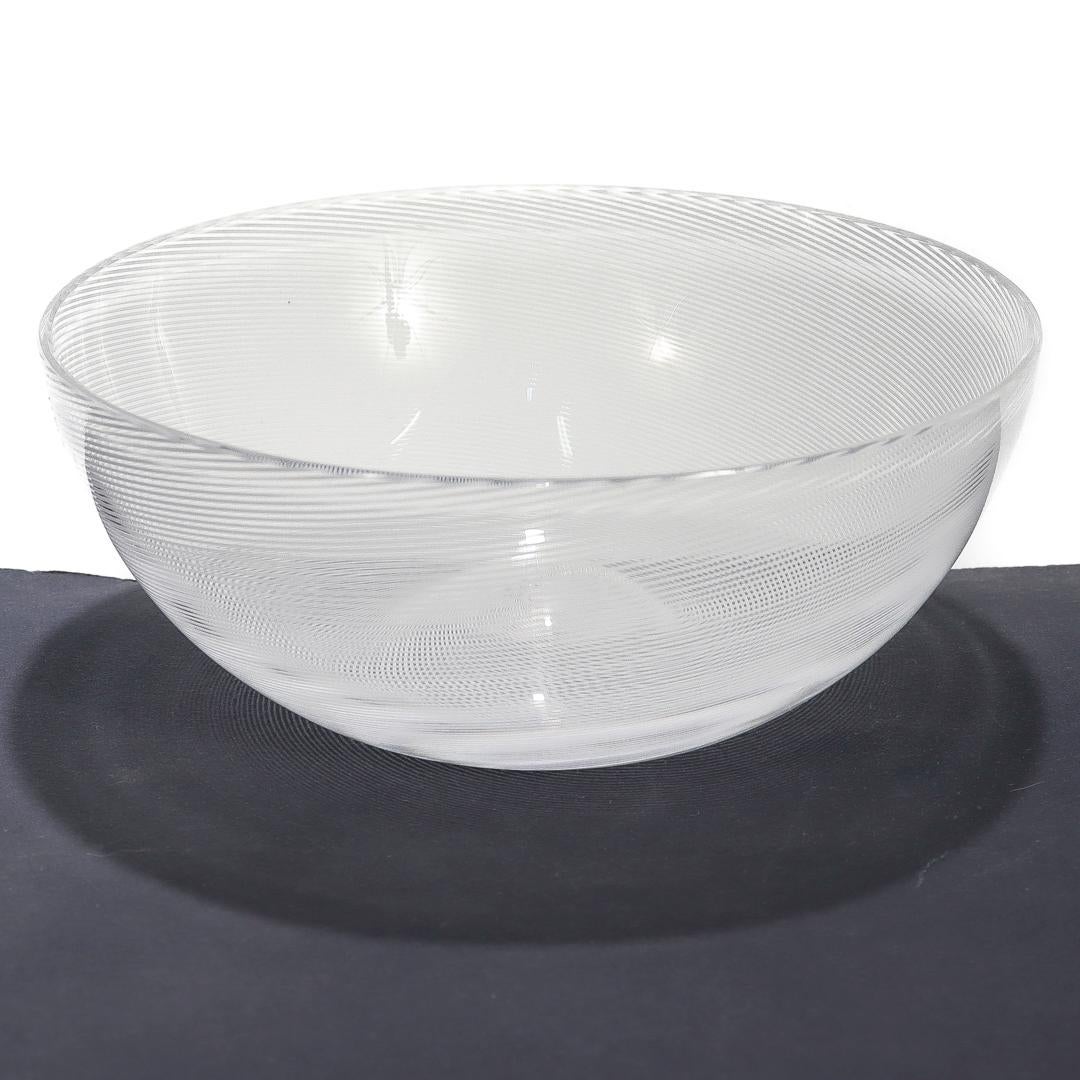 Italian 1980's Signed Venini White Mezza Filigrana Murano Glass Bowl For Sale