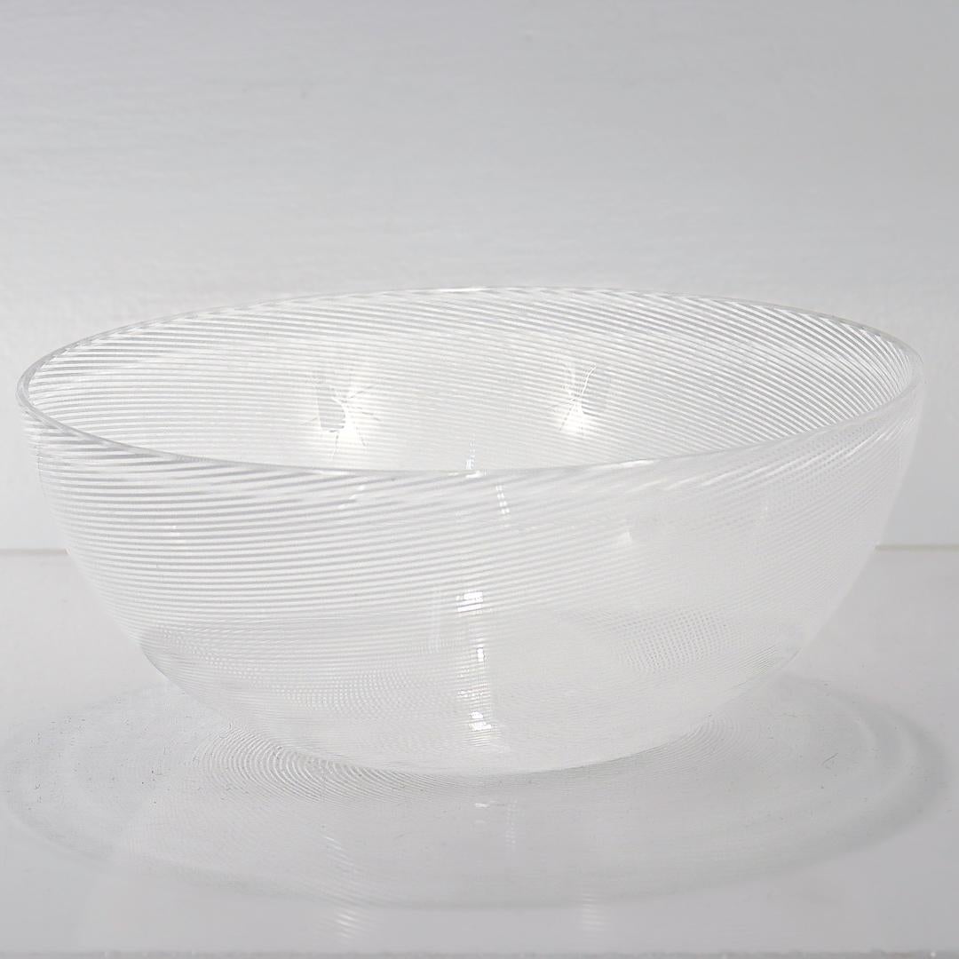 1980's Signed Venini White Mezza Filigrana Murano Glass Bowl In Good Condition For Sale In Philadelphia, PA