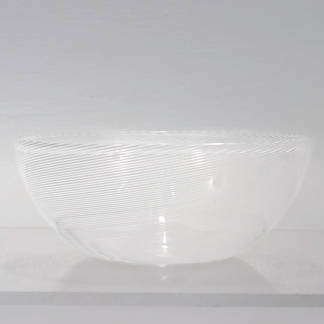 Late 20th Century 1980's Signed Venini White Mezza Filigrana Murano Glass Bowl For Sale