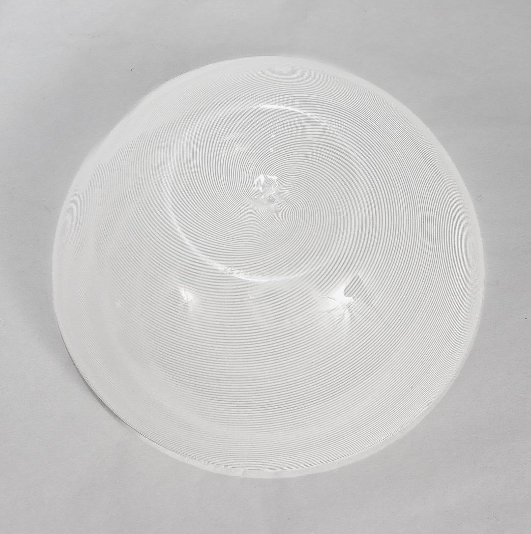 Art Glass 1980's Signed Venini White Mezza Filigrana Murano Glass Bowl For Sale