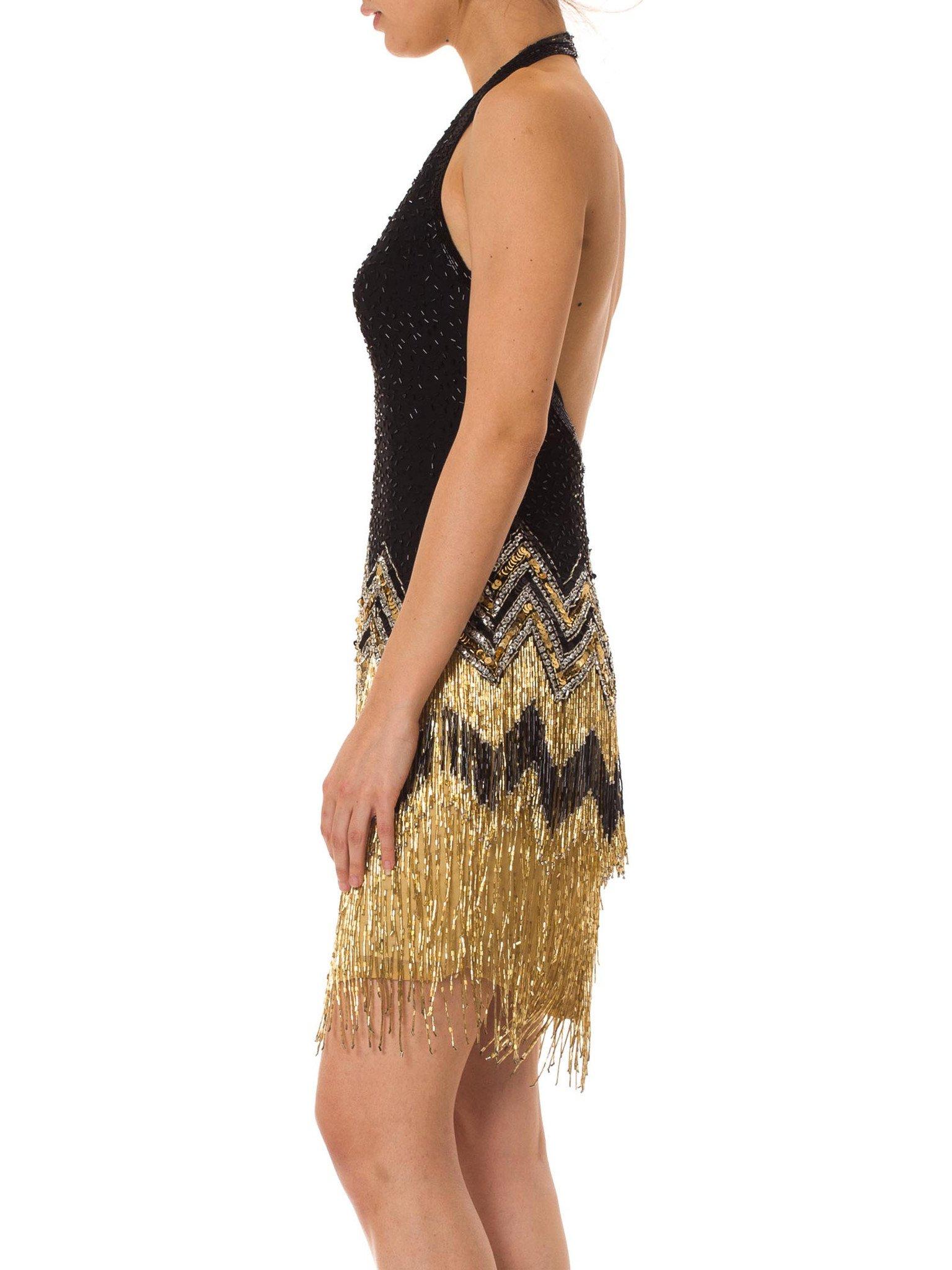 1980S  Black & Gold Silk Chiffon Beaded Flapper Backless Halter Cocktail Dress With Fringe