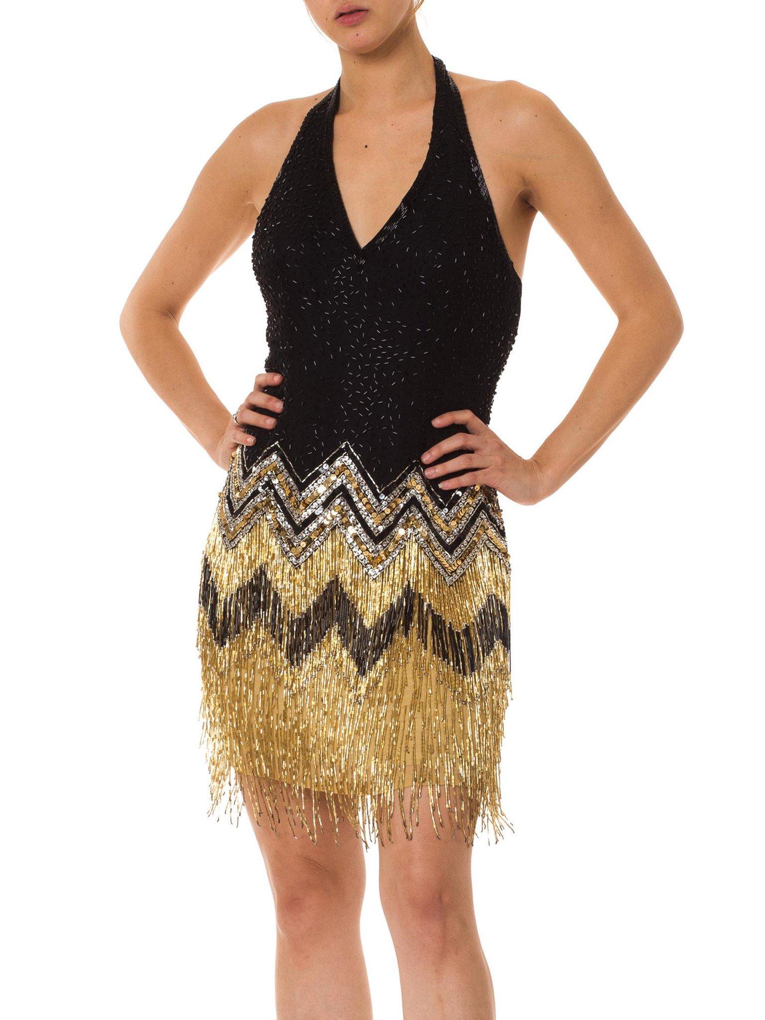 1980S  Black & Gold Silk Chiffon Beaded Flapper Backless Halter Cocktail Dress  In Excellent Condition In New York, NY