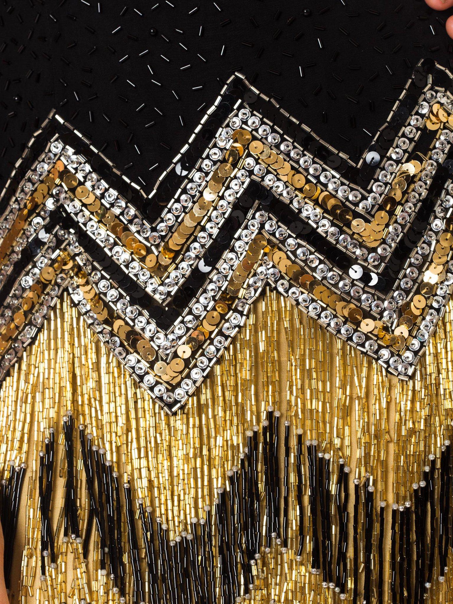 1980S  Black & Gold Silk Chiffon Beaded Flapper Backless Halter Cocktail Dress  2