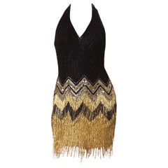 1980S  Black & Gold Silk Chiffon Beaded Flapper Backless Halter Cocktail Dress