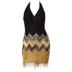 Retro 1980S  Black & Gold Silk Chiffon Beaded Flapper Backless Halter Cocktail Dress 