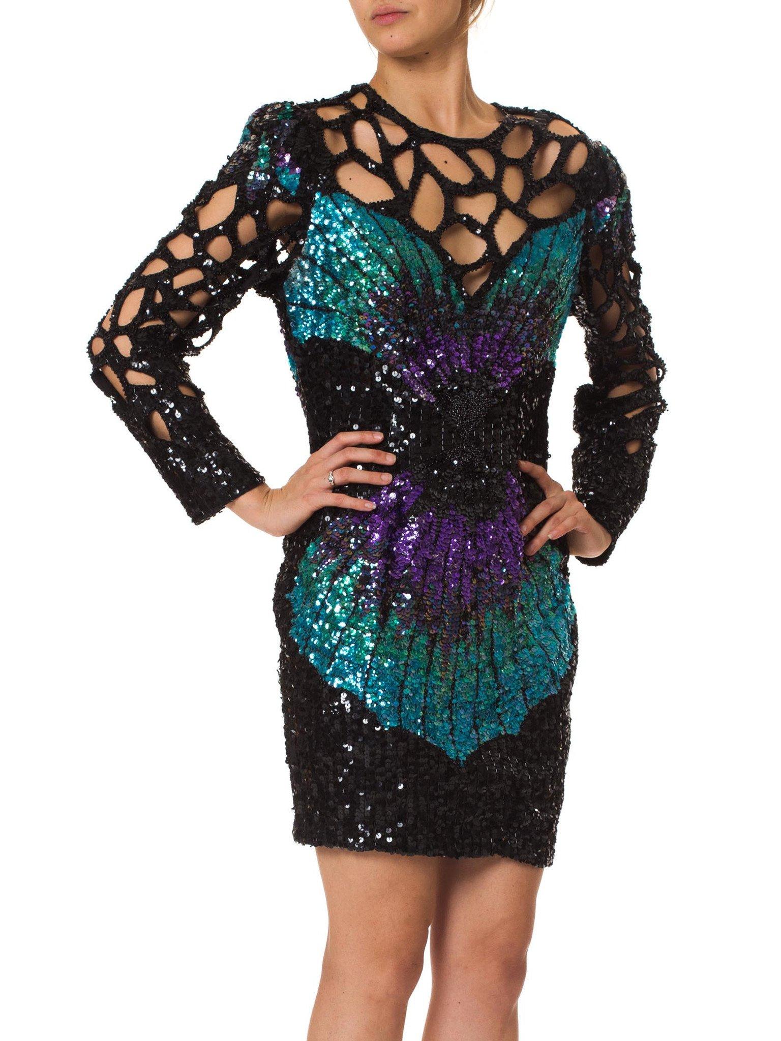 Women's 1980S  Black & Purple Silk Fully Beaded Butterfly Wing Cut-Out Cocktail Dress For Sale