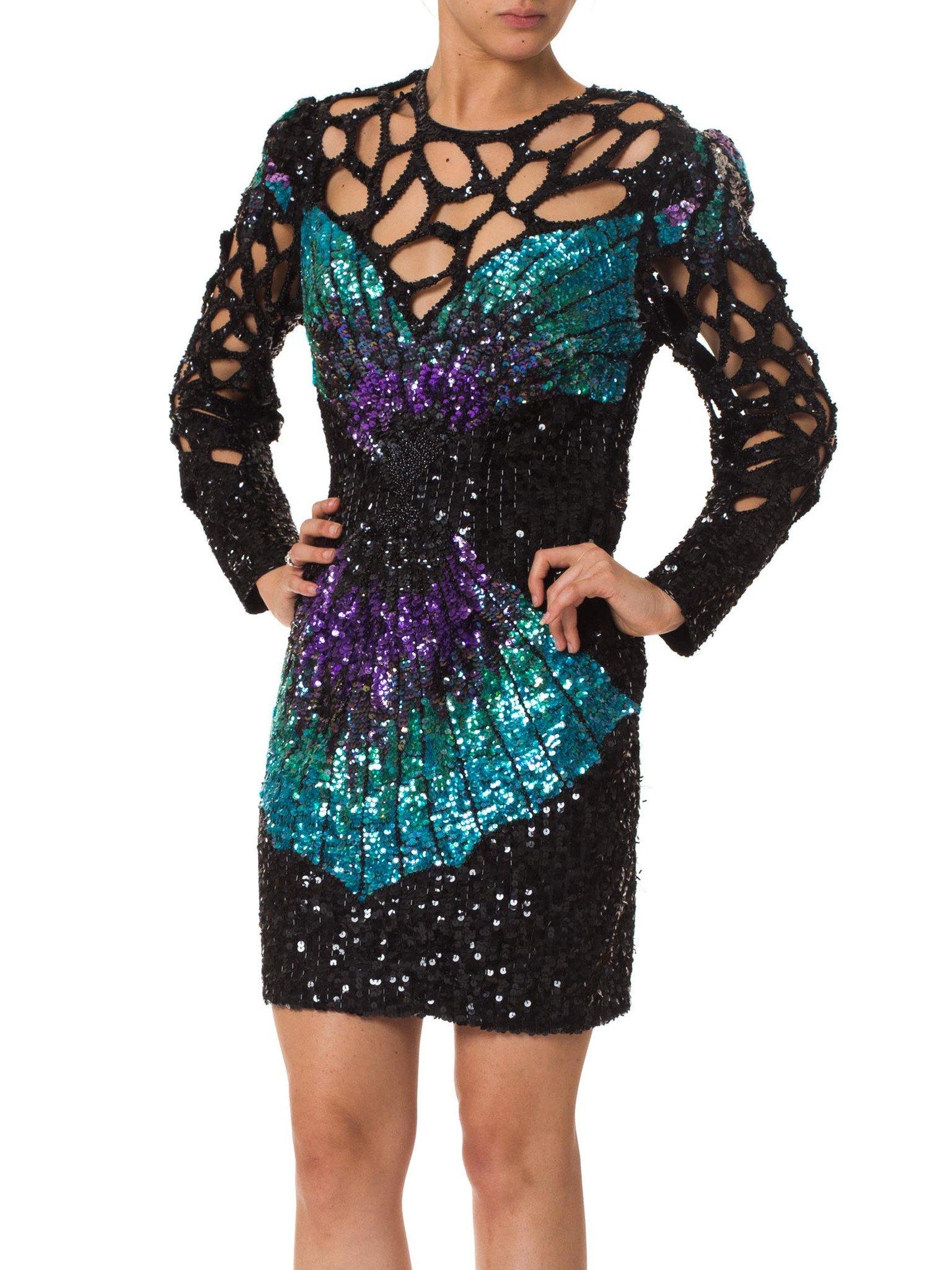 1980S  Black & Purple Silk Fully Beaded Butterfly Wing Cut-Out Cocktail Dress For Sale 1