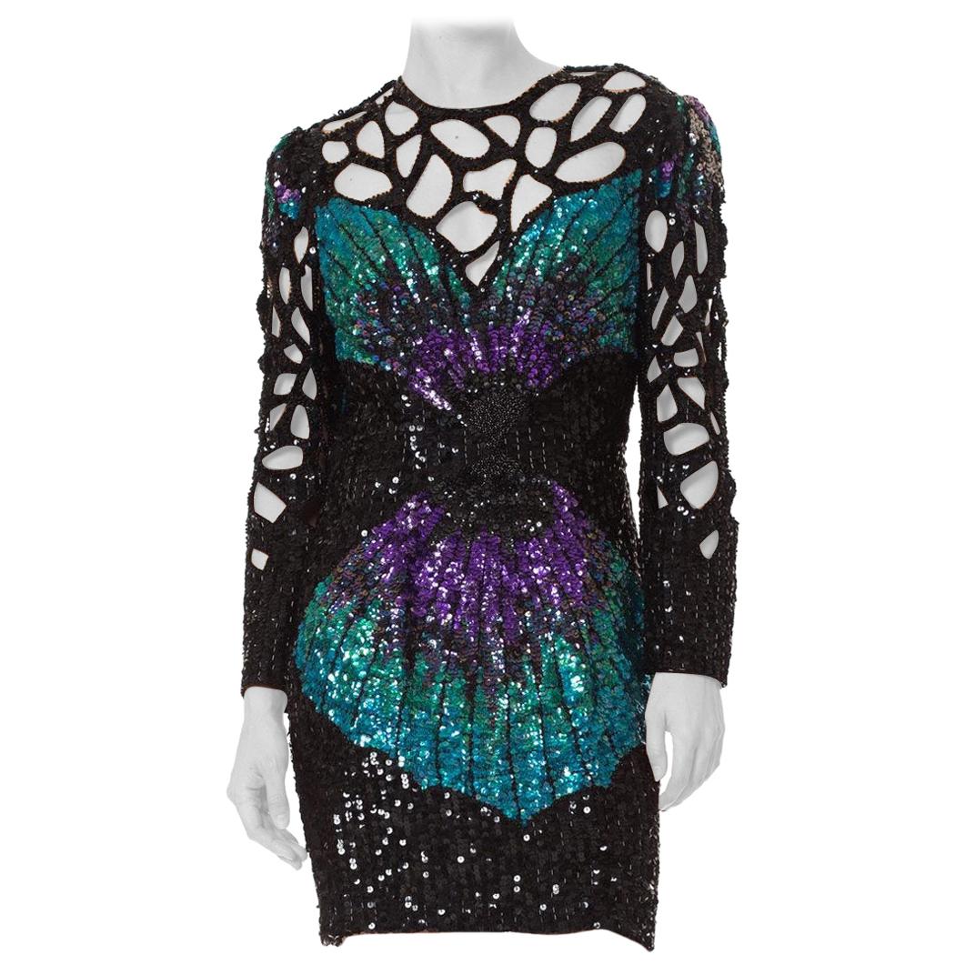 1980S  Black & Purple Silk Fully Beaded Butterfly Wing Cut-Out Cocktail Dress For Sale