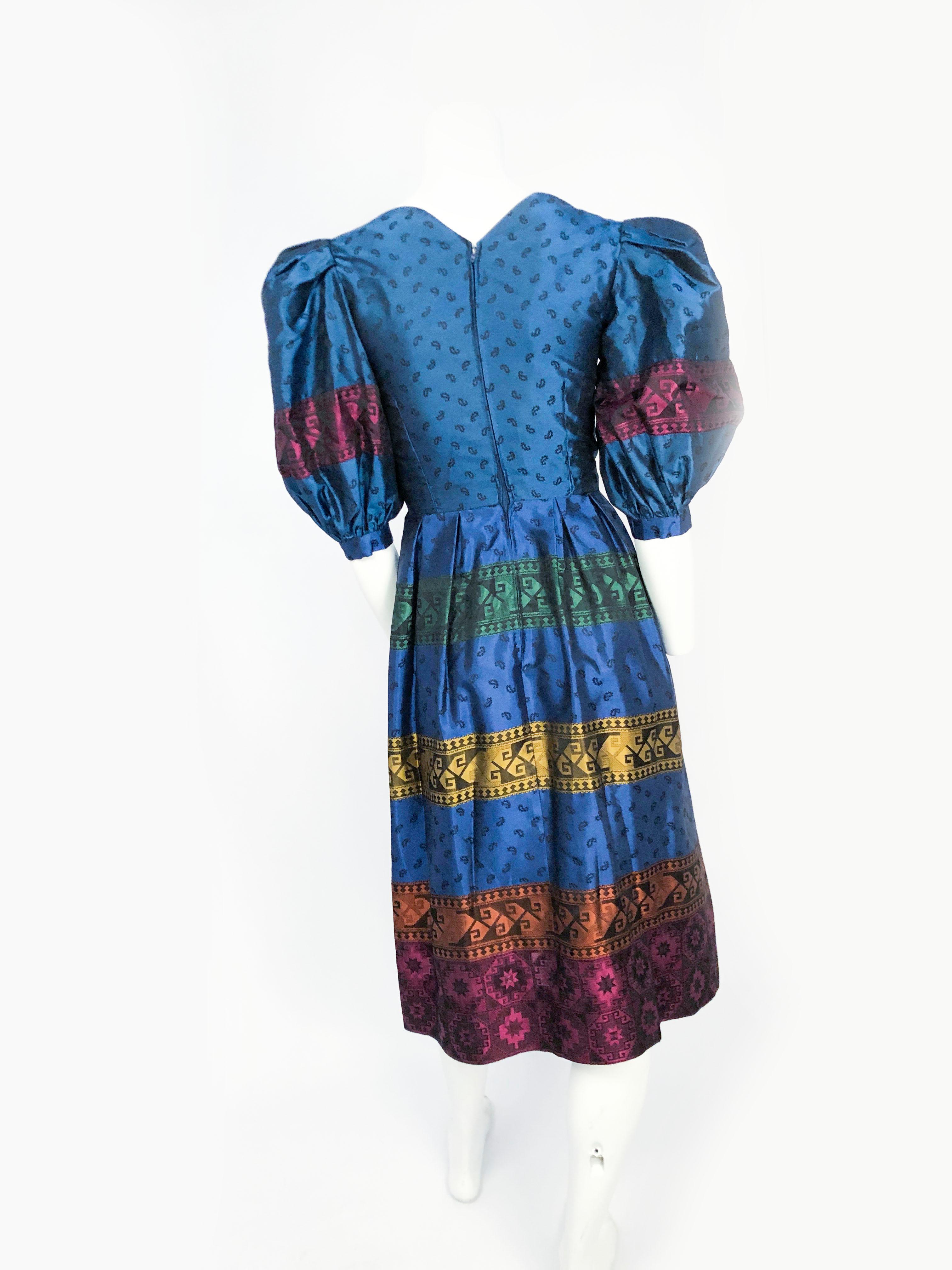 Women's 1980s Silk Brocade Multi Colored Dress with Oversized Puff Sleeves For Sale