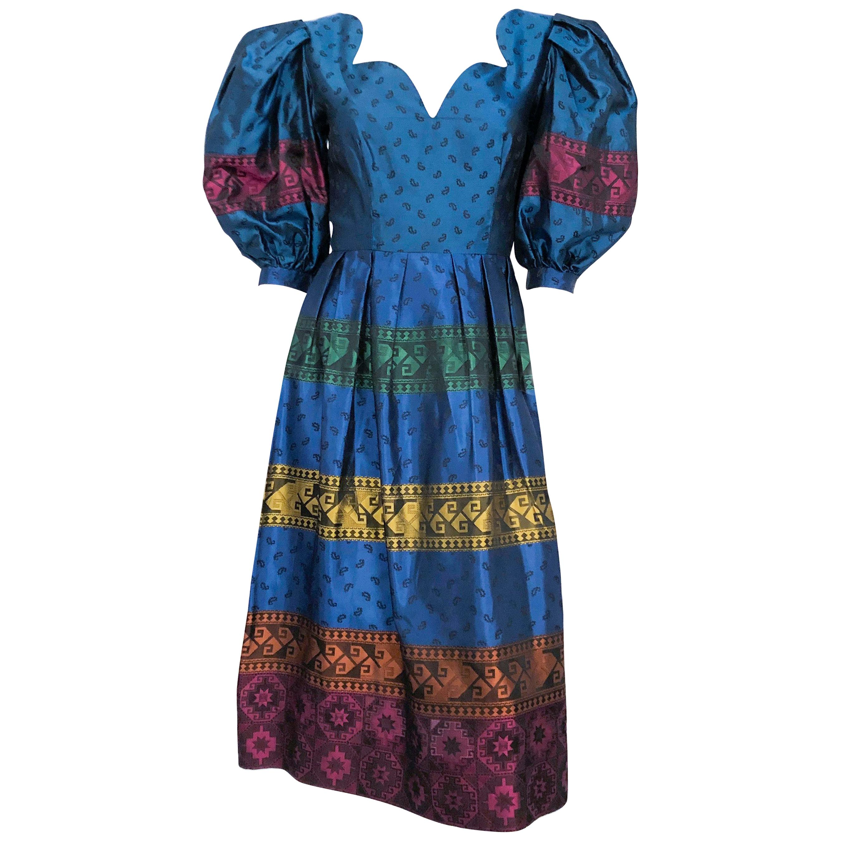 1980s Silk Brocade Multi Colored Dress with Oversized Puff Sleeves For Sale 1