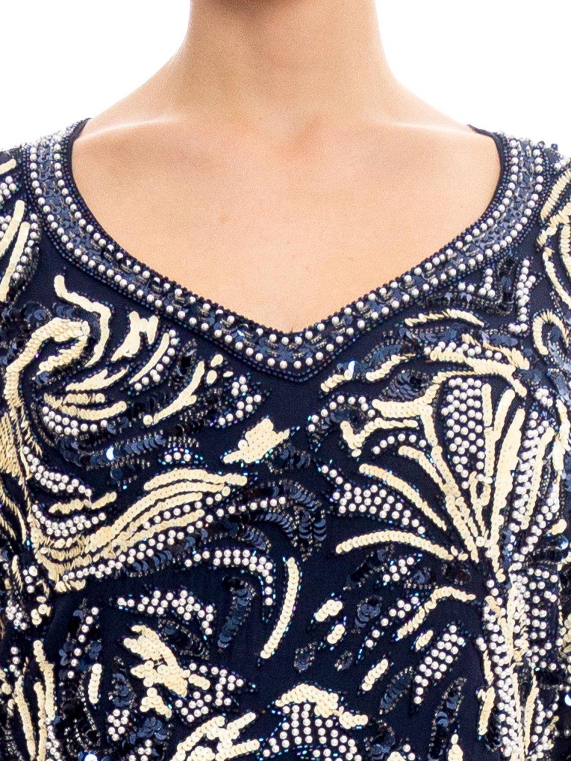 Black 1980'S Navy Blue Beaded Silk Chiffon Oversized Long Sleeve Top With Pearls For Sale