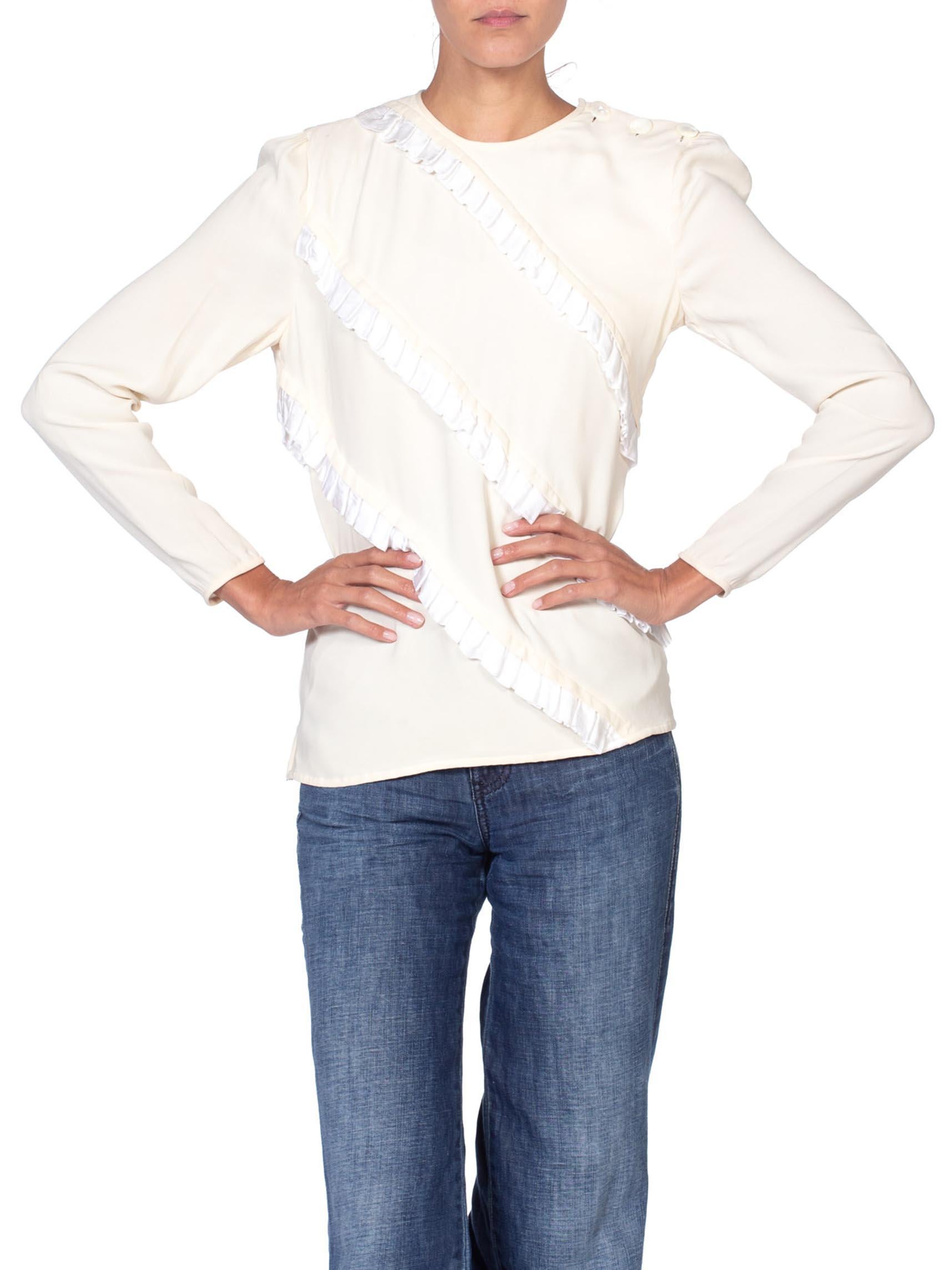 1980'S Ivory Silk Crepe Top With Pleated Ruffles And Shell Buttons For Sale 2