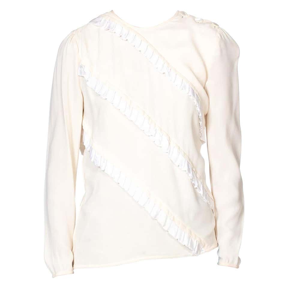 1980'S Ivory Silk Crepe Top With Pleated Ruffles And Shell Buttons For ...