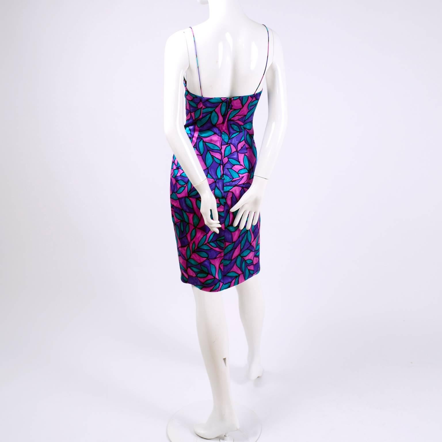 AJ Bari Pink Blue and Purple Jewel Toned Silk Dress with Draping, 1980 In Excellent Condition In Portland, OR