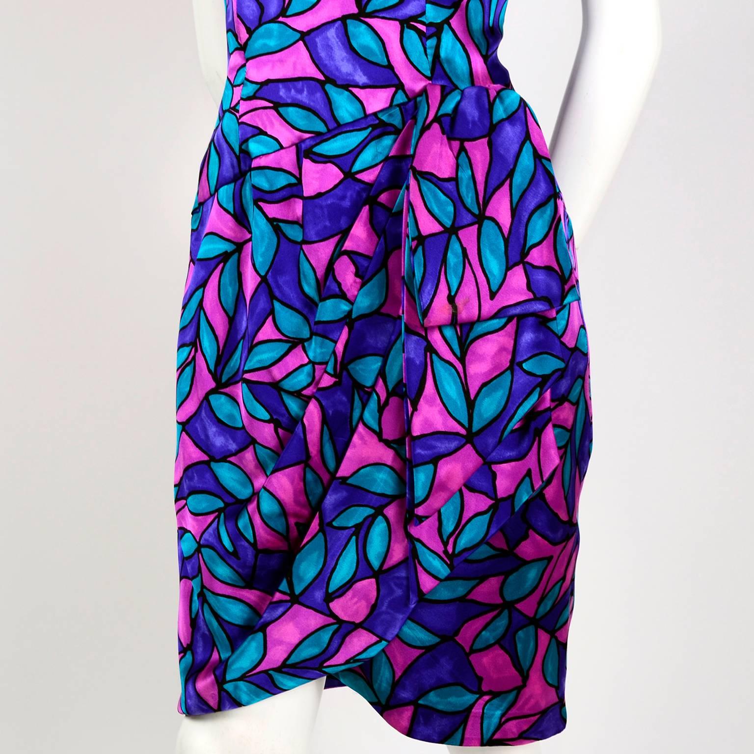 AJ Bari Pink Blue and Purple Jewel Toned Silk Dress with Draping, 1980 1