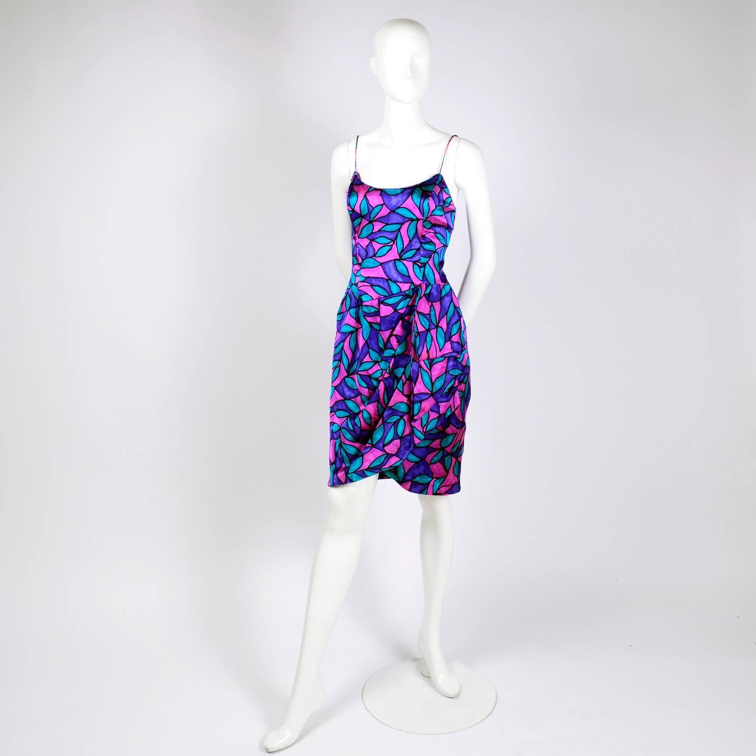 AJ Bari Pink Blue and Purple Jewel Toned Silk Dress with Draping, 1980 3