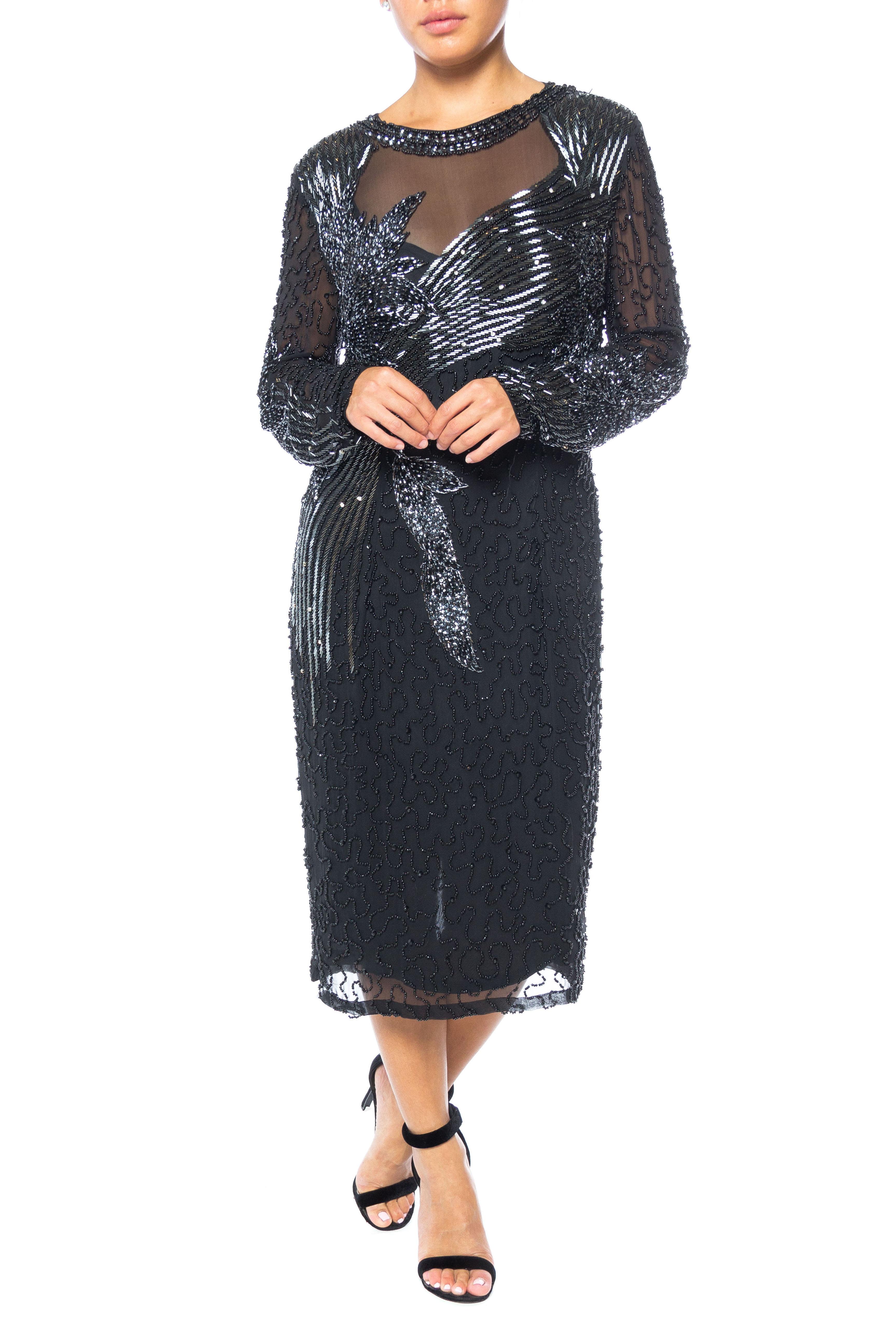 Women's 1980S Black Silk Chiffon Long-Sleeve Elaborately Hand Beaded Cocktail Dress For Sale