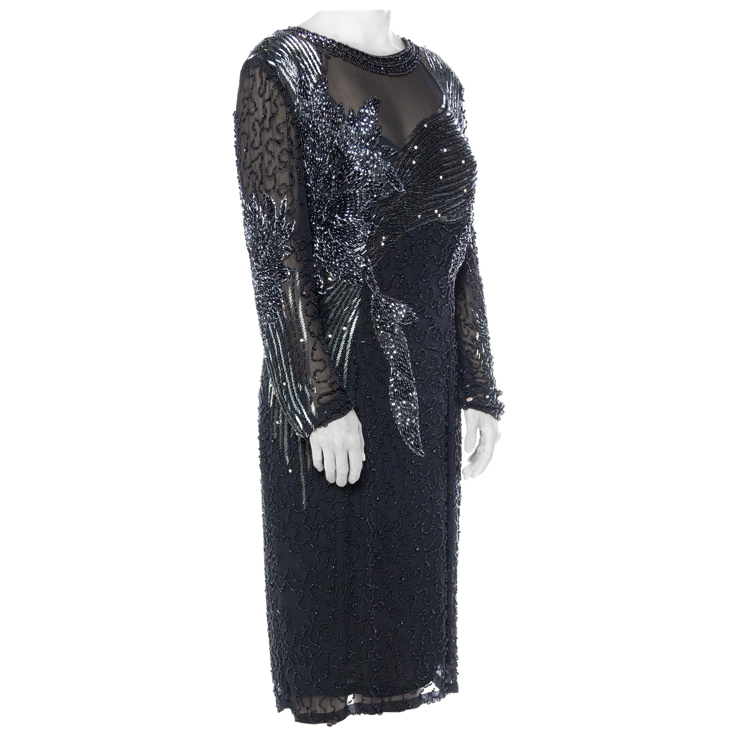 1980S Black Silk Chiffon Long-Sleeve Elaborately Hand Beaded Cocktail Dress For Sale