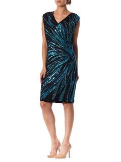 1980S Black & Teal Silk Chiffon Fully Beaded Cocktail Dress