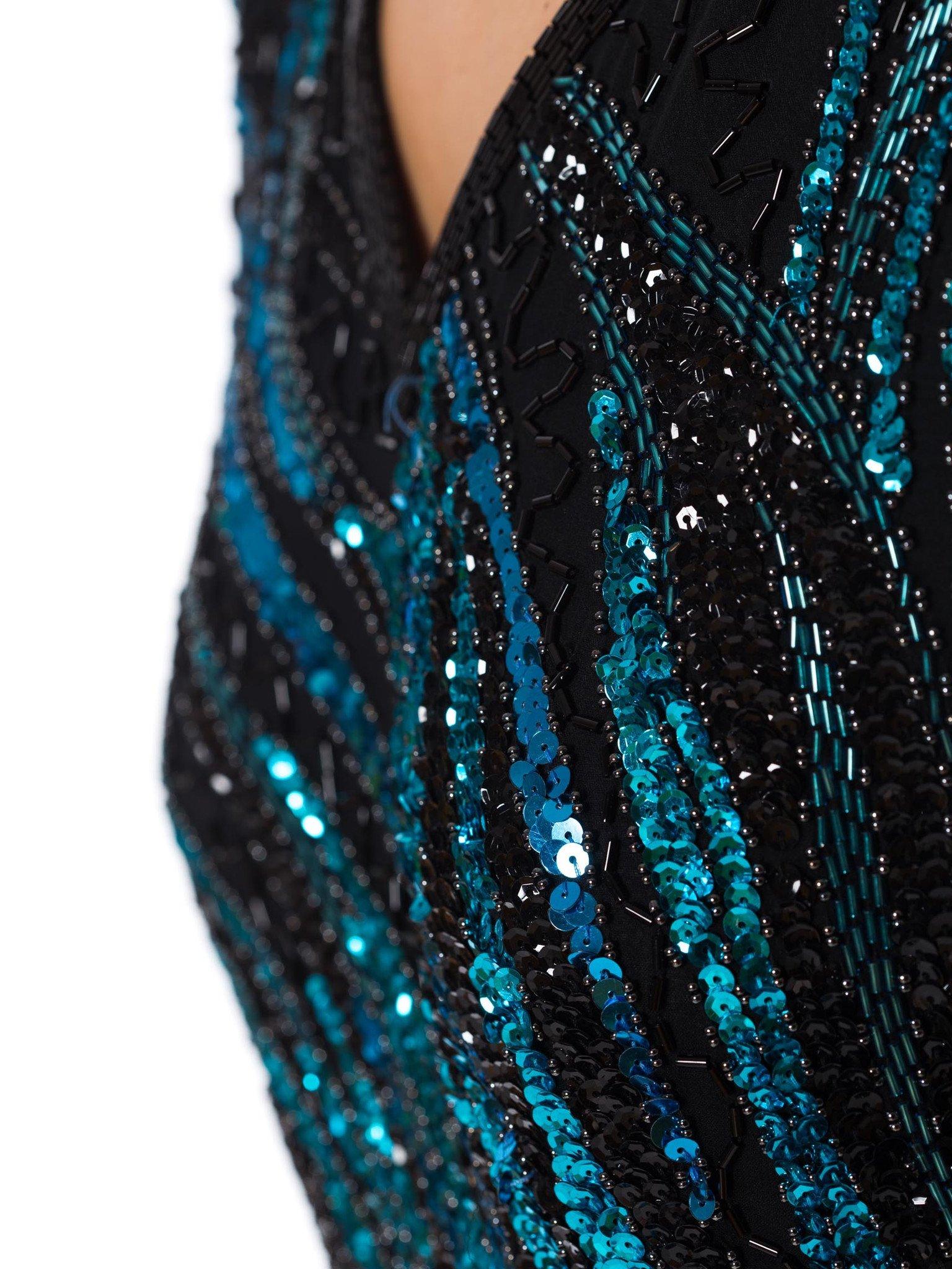 1980S Black & Teal Silk Chiffon Fully Beaded Cocktail Dress For Sale 3