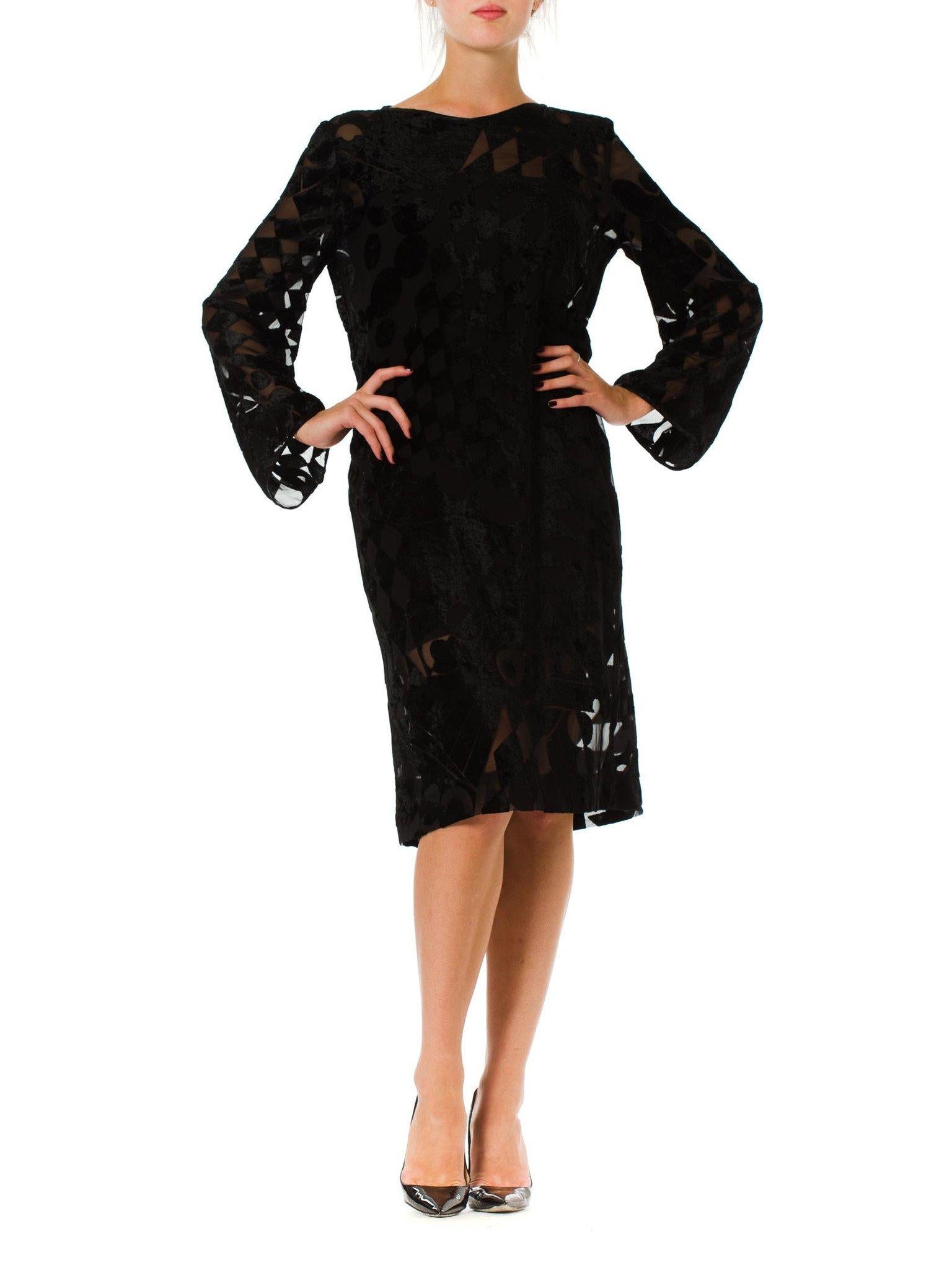 1980S Black Silk Burnout Chiffon Geometric Long Sleeve Tunic Cocktail Dress For Sale 1