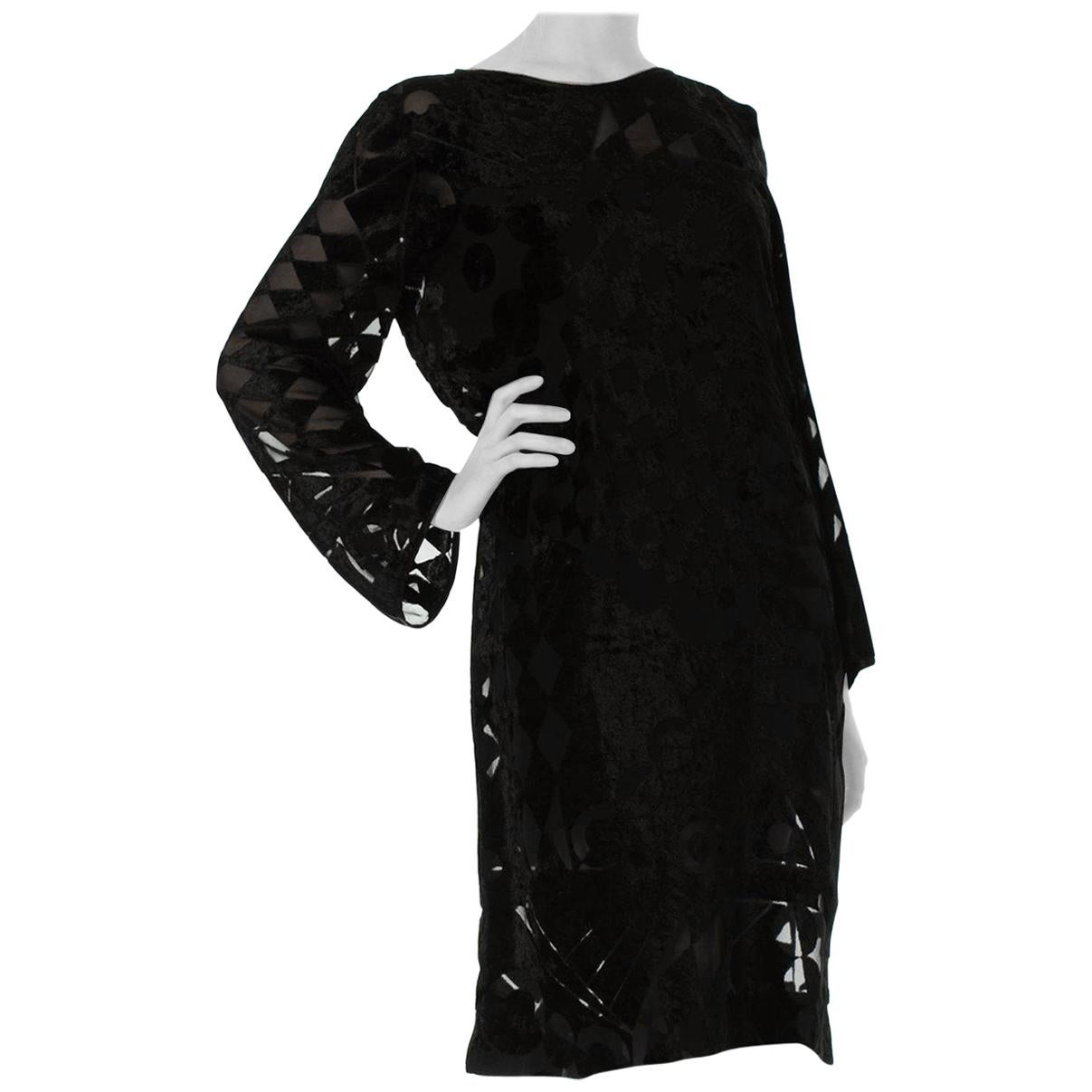 1980S Black Silk Burnout Chiffon Geometric Long Sleeve Tunic Cocktail Dress For Sale