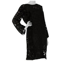1980S Black Silk Burnout Chiffon Geometric Long Sleeve Tunic Cocktail Dress