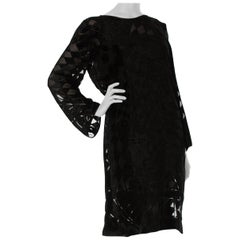 Vintage 1980S Black Silk Burnout Chiffon Geometric Long Sleeve Tunic Cocktail Dress