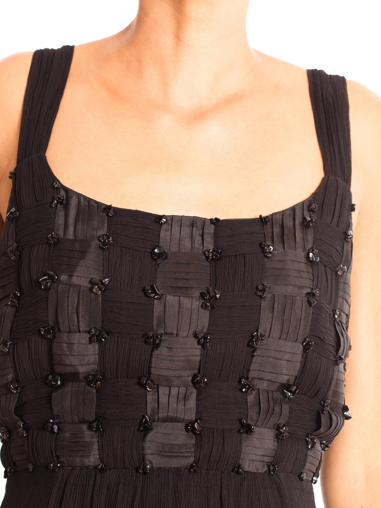 1980'S Black Silk Mousseline & Satin Basket-Weave Bodice Cocktail Dress With On For Sale 6