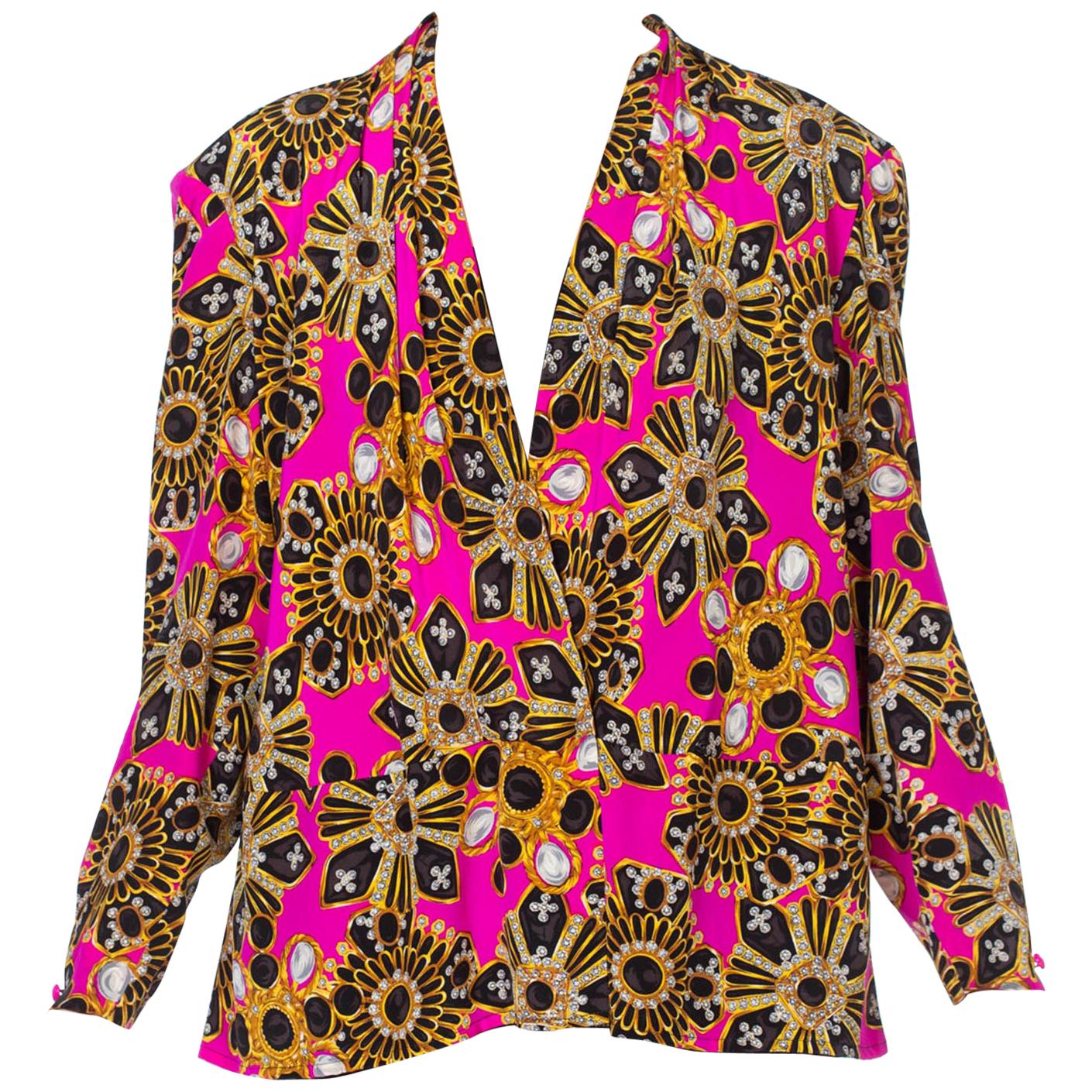 1980S Silky Poly Top With YSL Style Costume Jewelry Bling Print