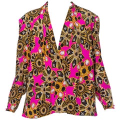 1980S Silky Poly Top With YSL Style Costume Jewelry Bling Print