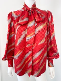 1980s Silky Red and Gray Pussy Bow Blouse Top Size 10/12