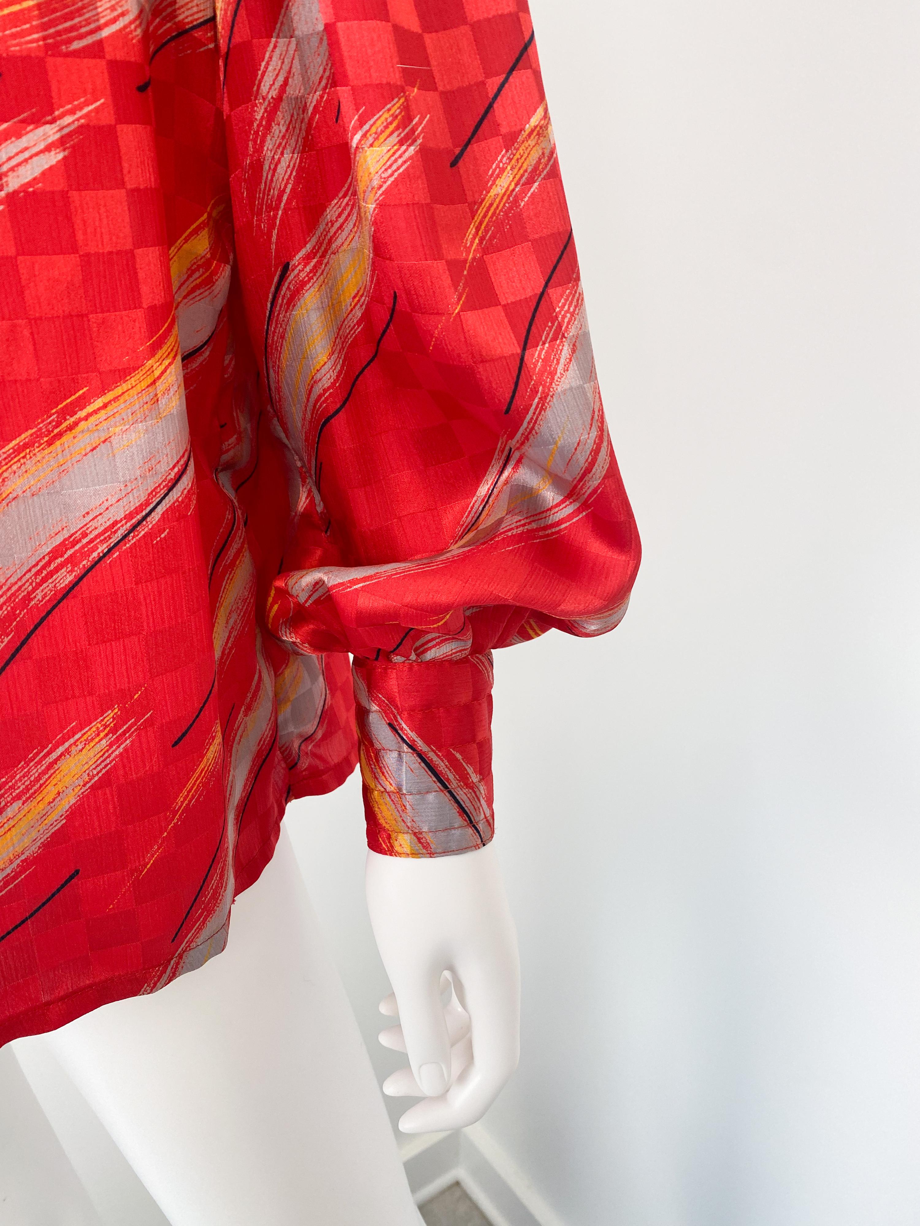 Chemisier rouge et gris à nœud lavallière des années 1980, taille 10/12 en vente 1