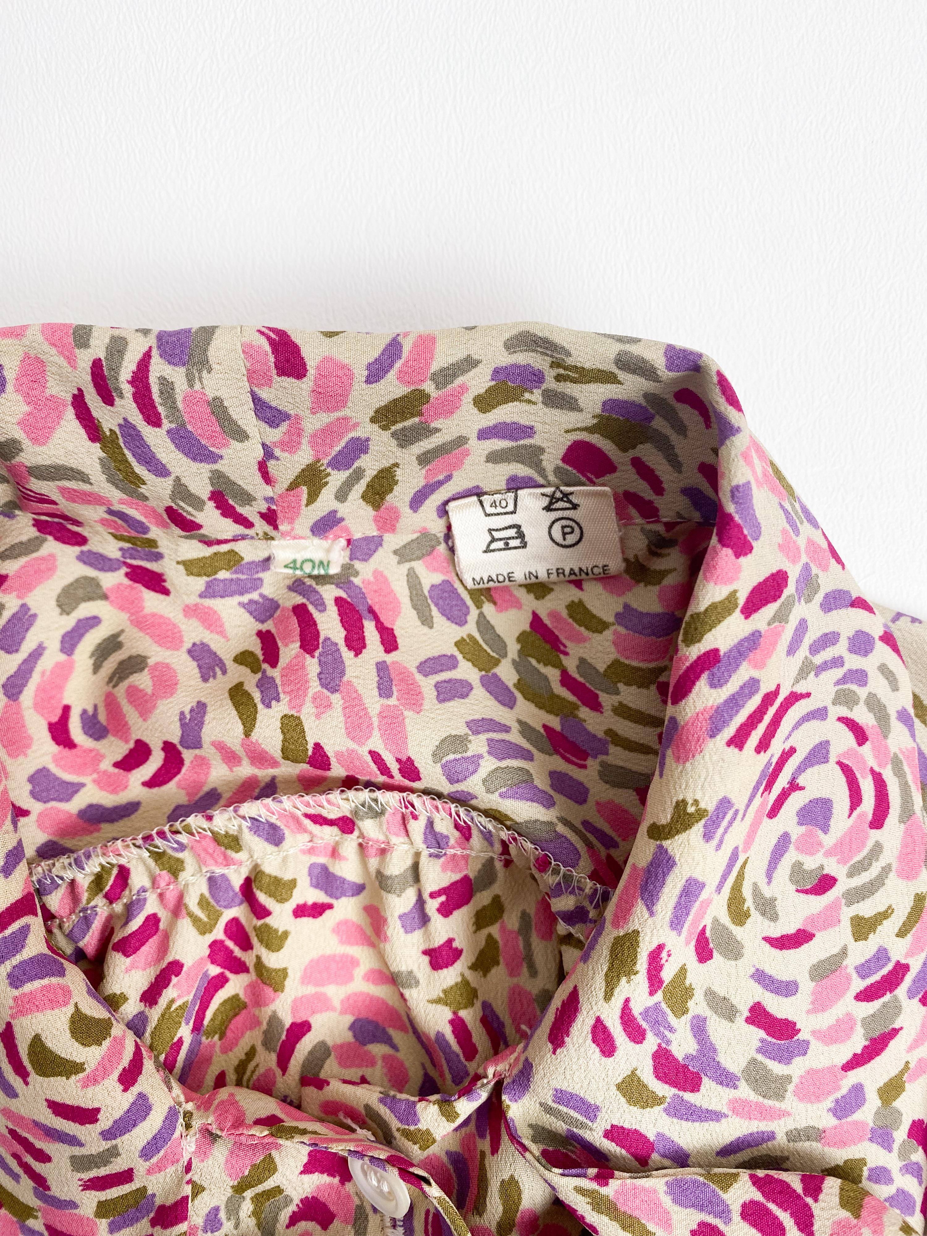 Silky Viscose Blouse Top Pink Pointillism Print Size 8, circa 1980 For Sale 8