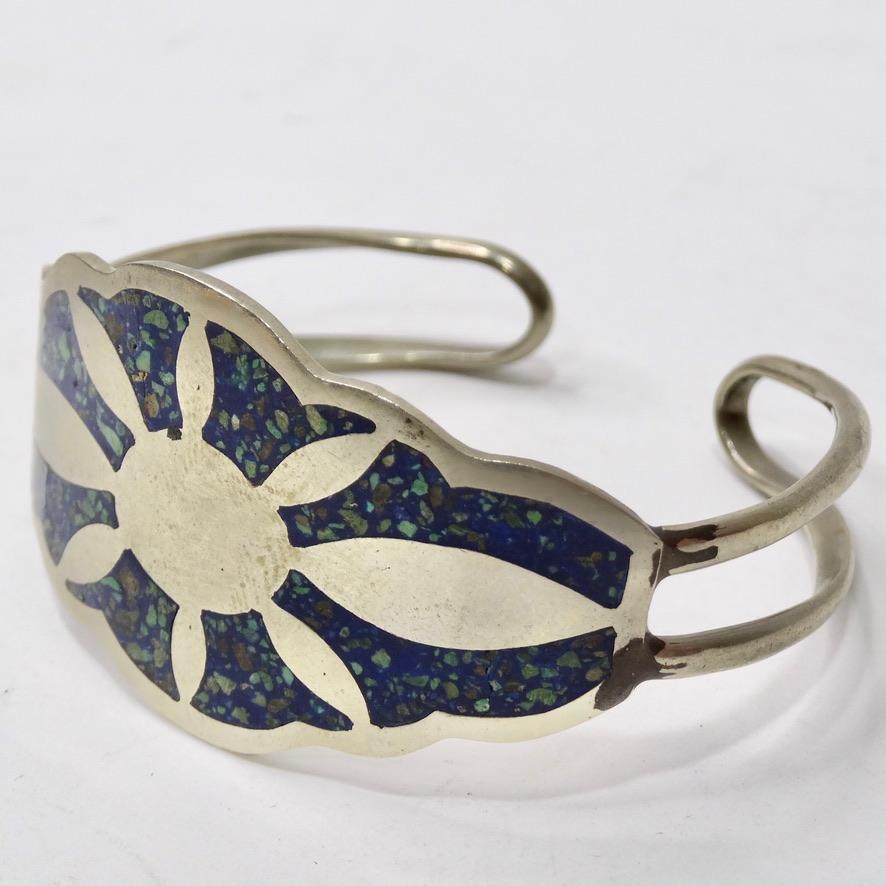 1980s Silver and Turquoise Inlay Sun Motif Cuff Bracelet In Good Condition For Sale In Scottsdale, AZ