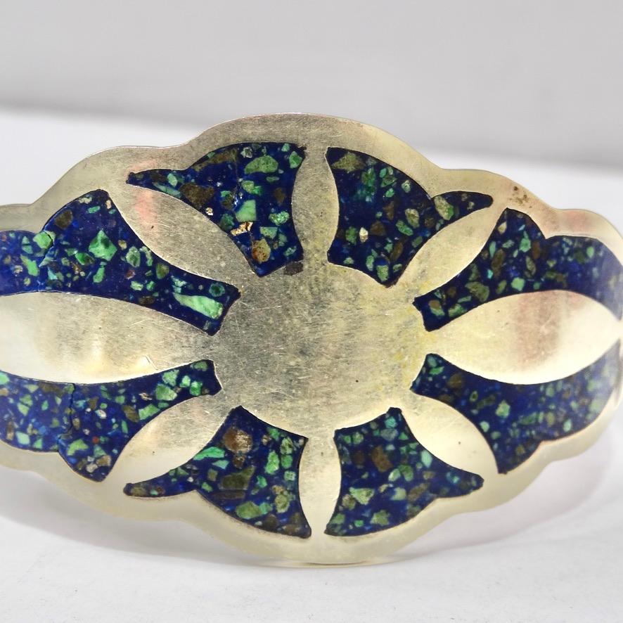 Women's or Men's 1980s Silver and Turquoise Inlay Sun Motif Cuff Bracelet For Sale