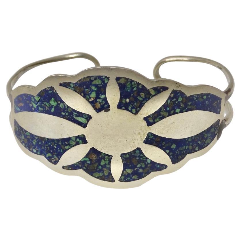 1980s Silver and Turquoise Inlay Sun Motif Cuff Bracelet For Sale