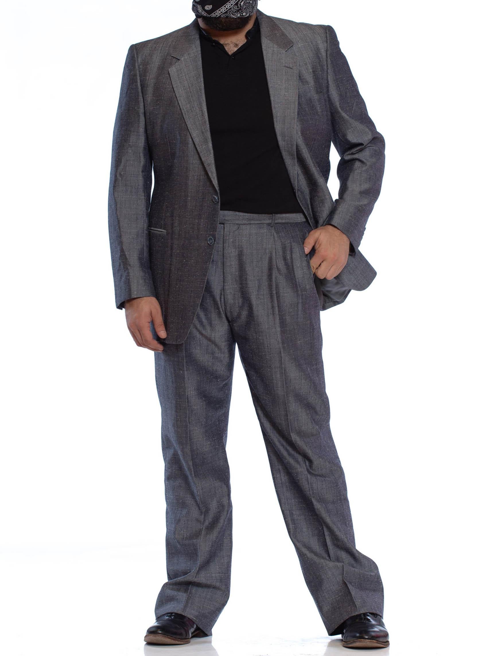 1980'S Silber Blau Seidenmischung Haifischhaut Herren 60S Style Pant Suit