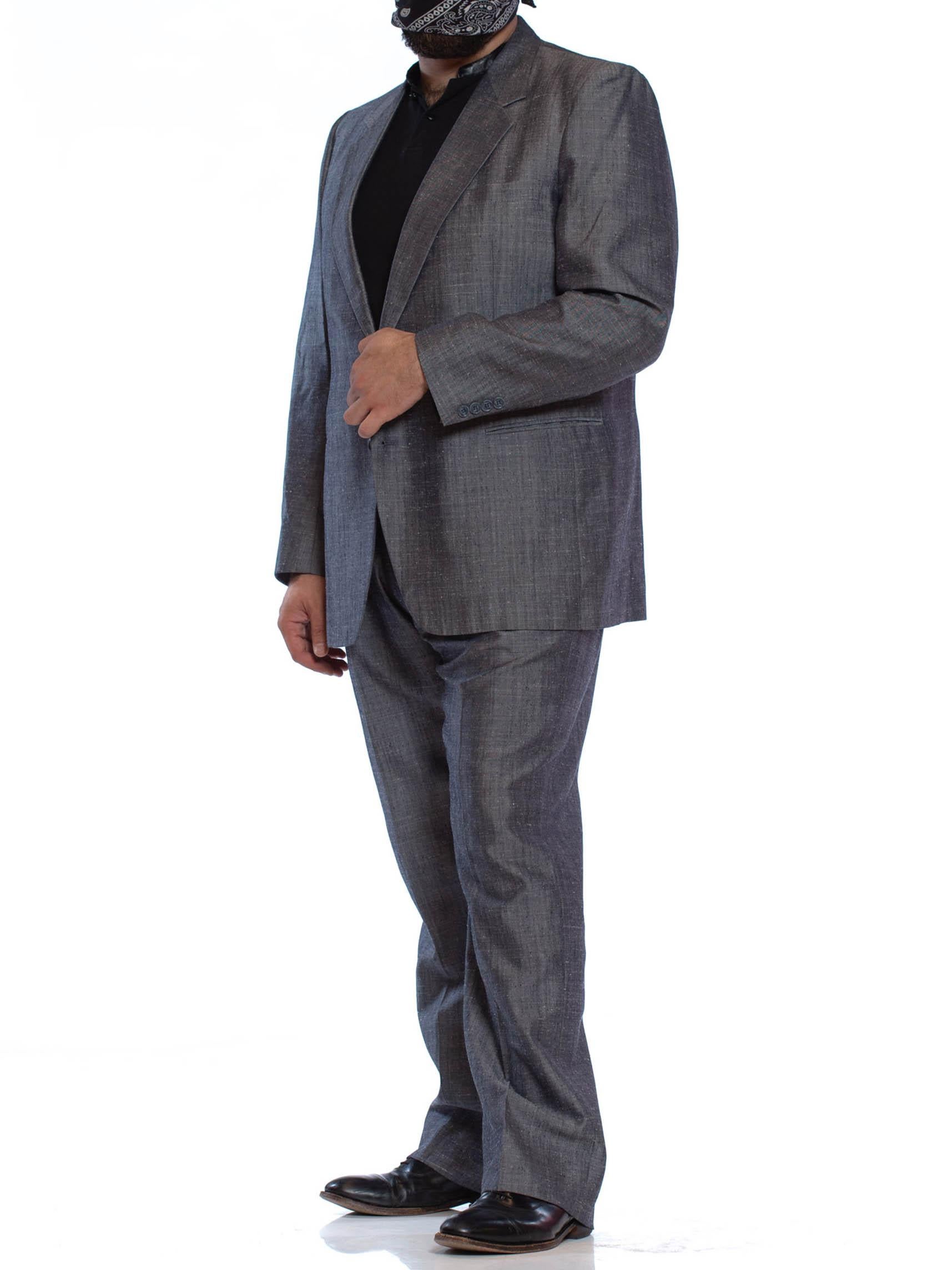 1980'S Silver Blue Silk Blend Sharkskin Men's 60S Style Pant Suit In Excellent Condition For Sale In New York, NY