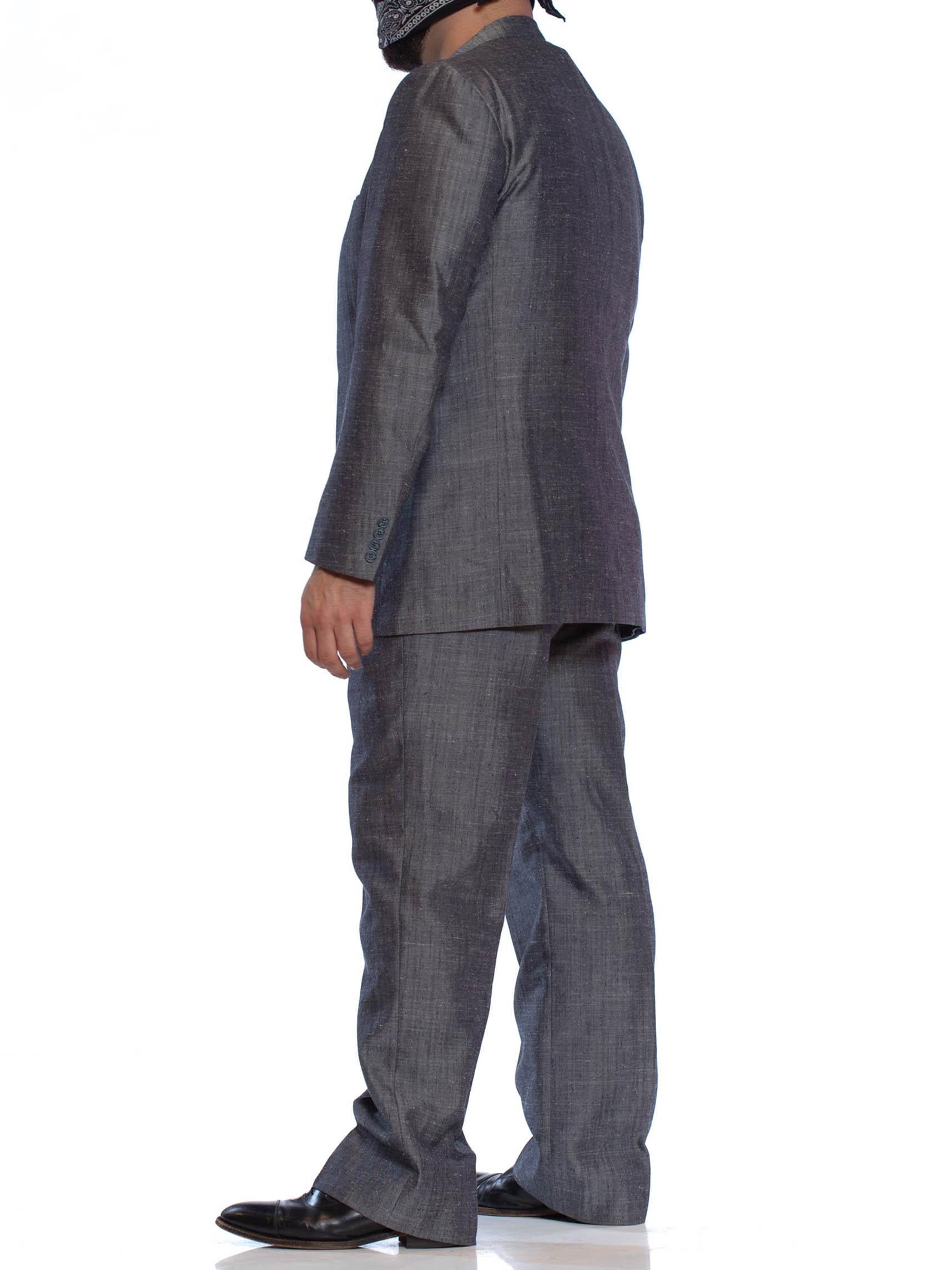 1980'S Silver Blue Silk Blend Sharkskin Men's 60S Style Pant Suit For Sale 1